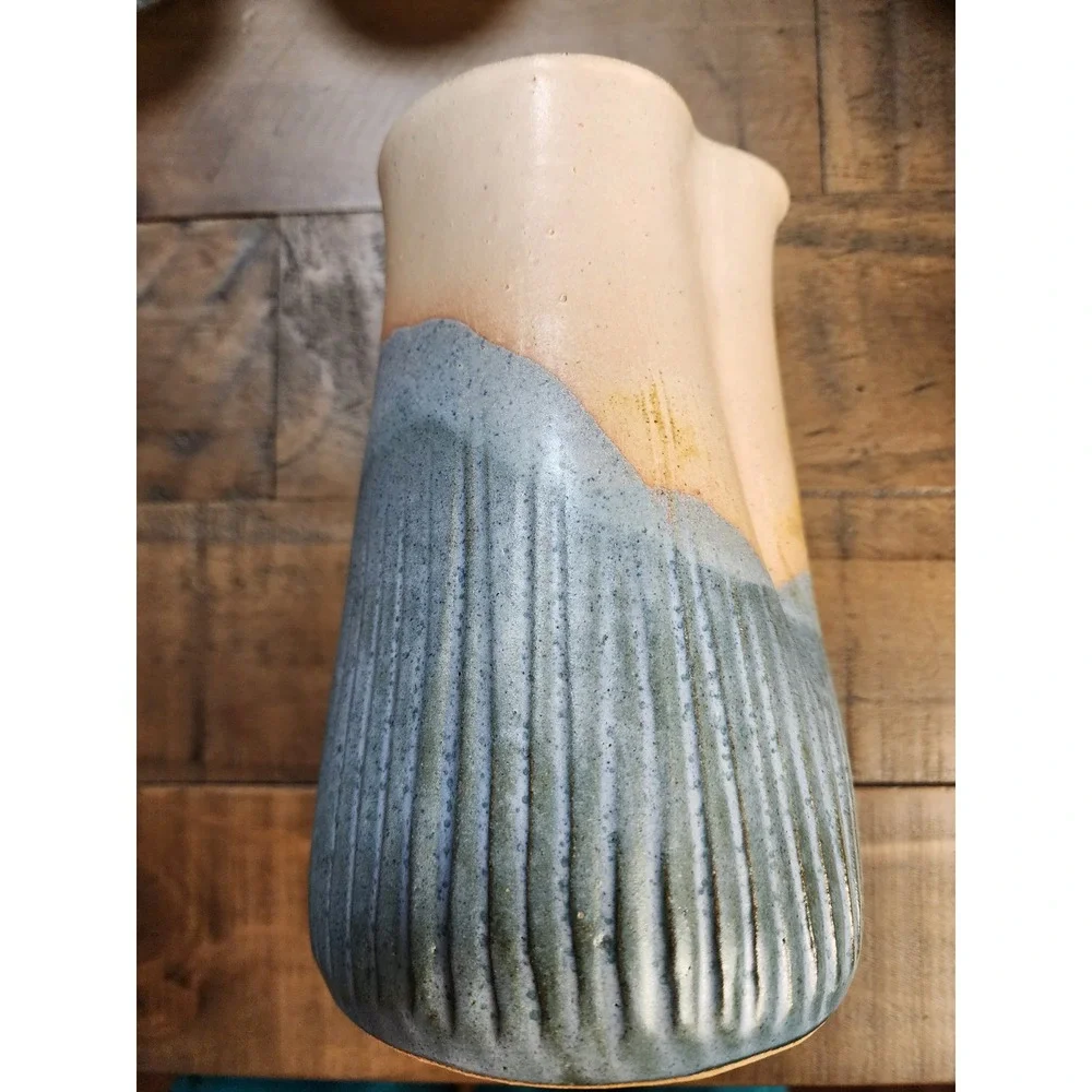 Studio Pottery Pitcher and 8 Tumbler Set Blue Peach‎ Ribbed Stoneware Signed